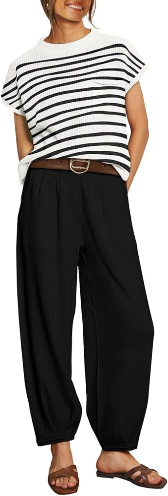 LILLUSORY 2 Piece Outfits For Women Trendy Lounge Sets Cozy Knit Sweater Short Sleeve Fashion Lou... | Amazon (US)