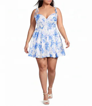 B. Darlin Plus Size Floral Printed Tie Shoulder Corseted A-Line Dress -  21W | Dillard's