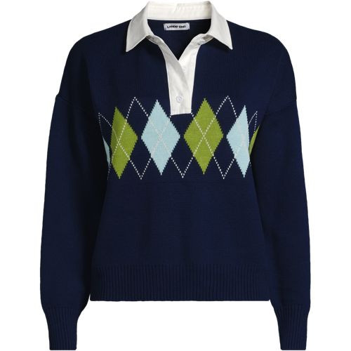 Women's Drifter Jacquard Rugby with Woven Collar Sweater - Lands' End - Green - XL | Lands' End (US)