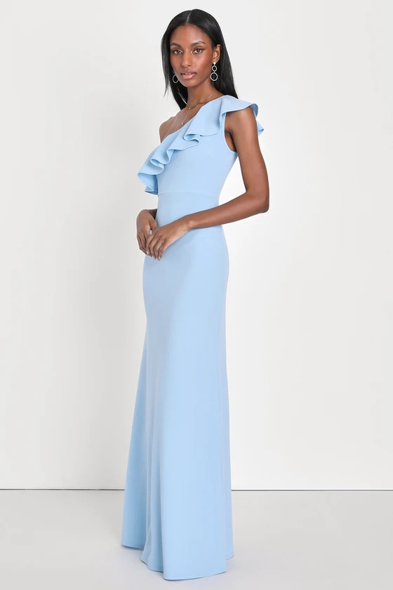 Last Forever Powder Blue One-Shoulder Ruffle Maxi Dress | Lulus