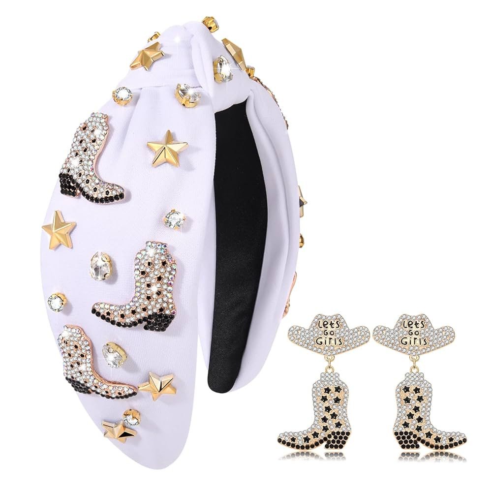 Western Cowgirl Knotted Headband Sparkly Rhinestone Jeweled Embellished Top Knot Headband Headpie... | Amazon (US)