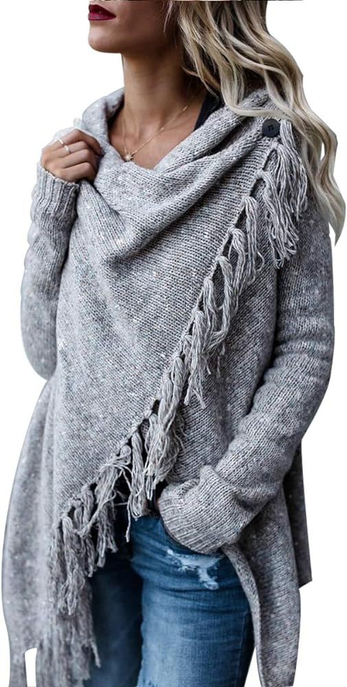 CEASIKERY Women's Tassel Hem Sweater Long Cardigan Knitwer Pullover Poncho Coat | Amazon (US)