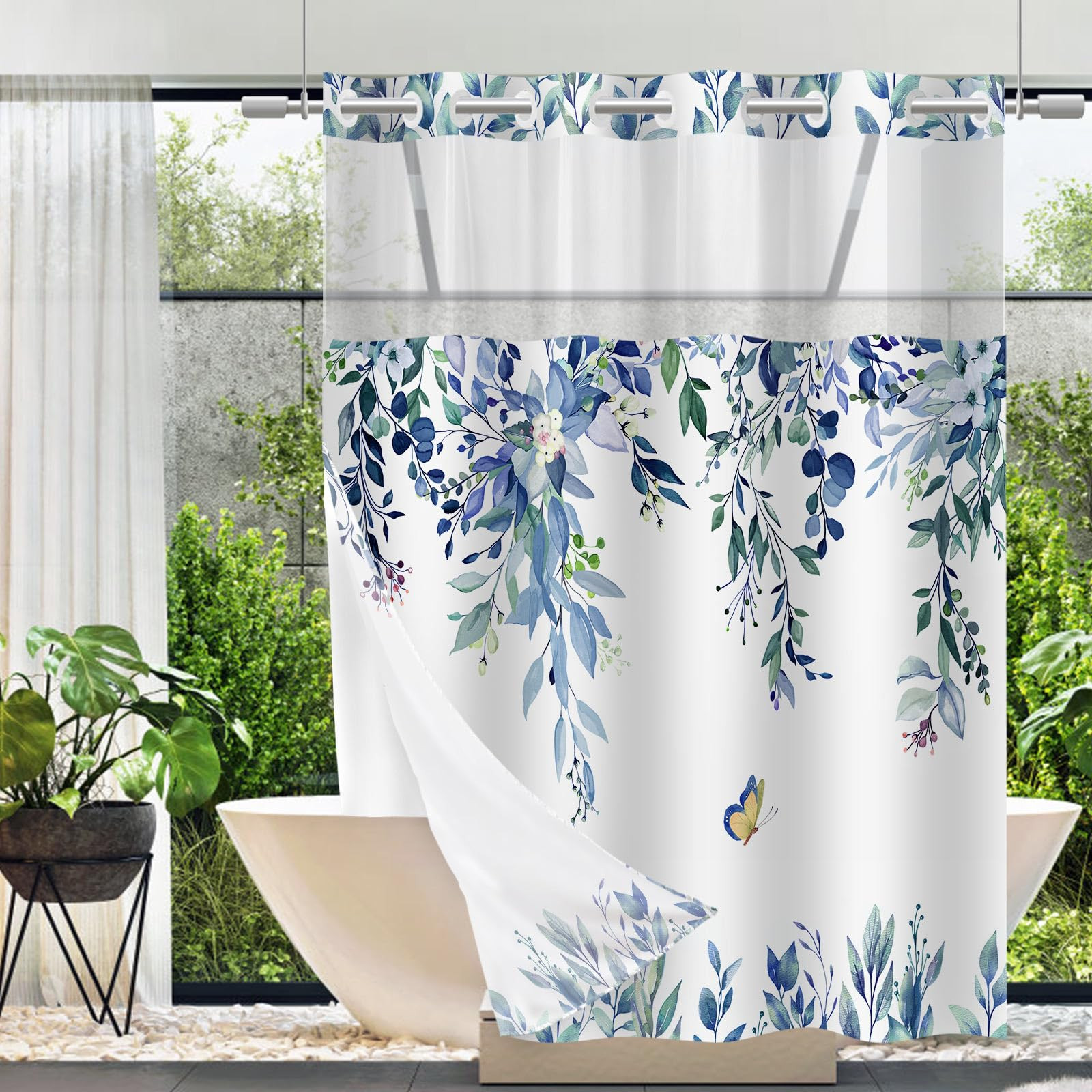 No Hook Shower Curtain and Liner Set, Blue Eucalyptus Floral Shower Curtains for Bathroom, Bath C... | Amazon (US)