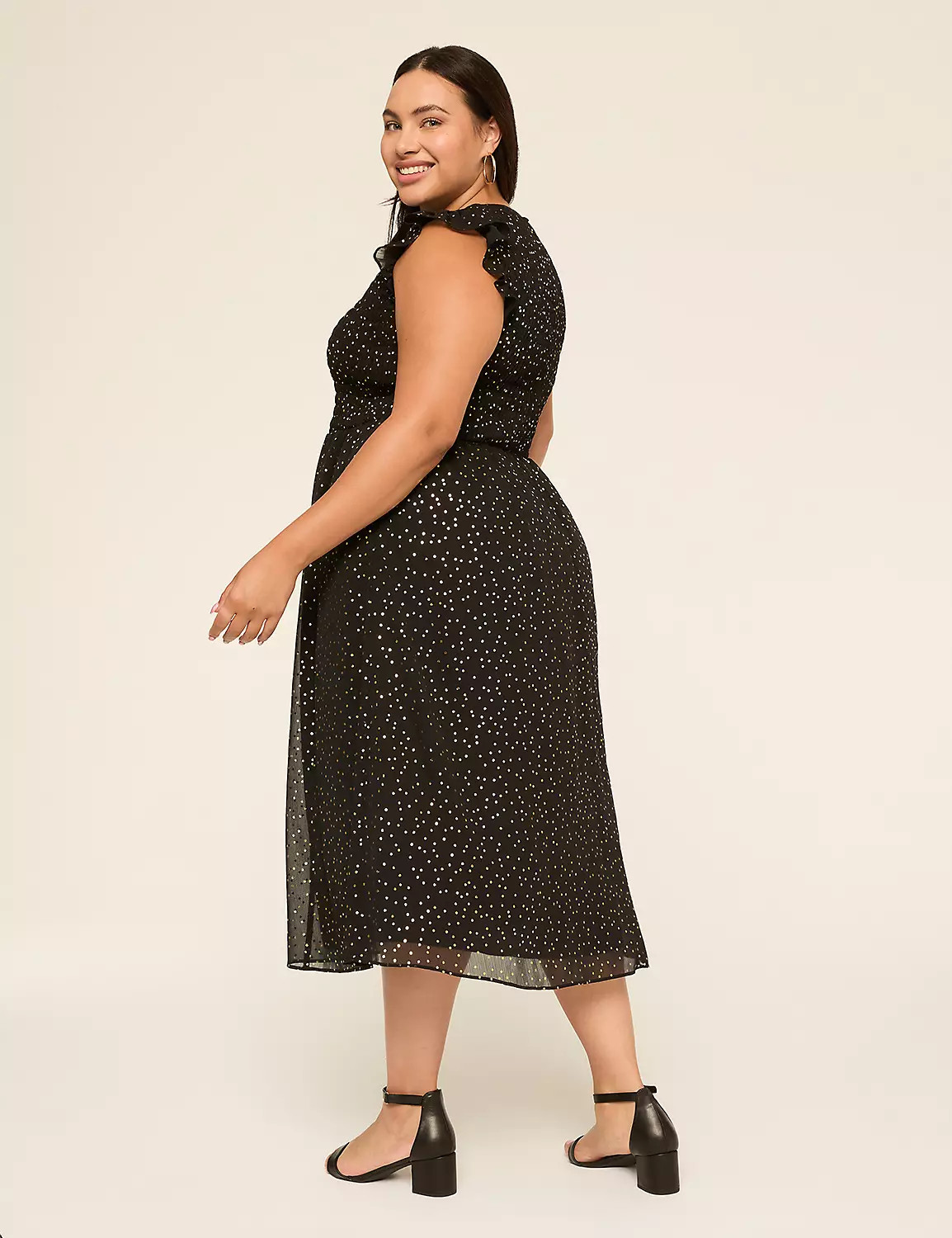 Foil Shimmer Flutter-Sleeve Smocked-Bodice Midi Dress | Lane Bryant (US)