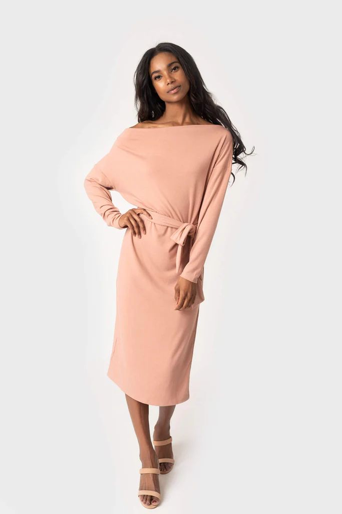 Drape Neck Belted Soft Luxe Midi Sweater Dress | Gibson