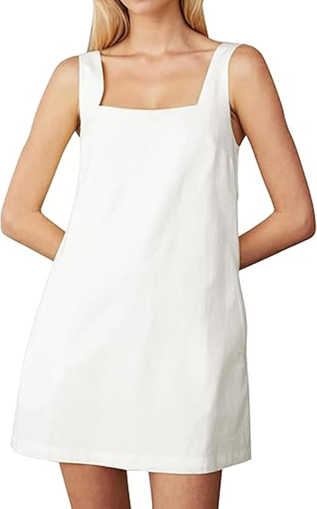 Womens Sleeveless Linen Mini Dress Casual Square Neck Backless Short Dresses Solid Summer Tank Sh... | Amazon (US)