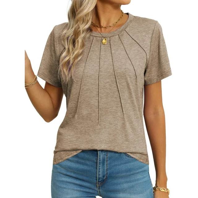 Rosvigor Blouses for Women Short Sleeve Shirts Casual Dressy Summer Tops with Pleats | Walmart (US)