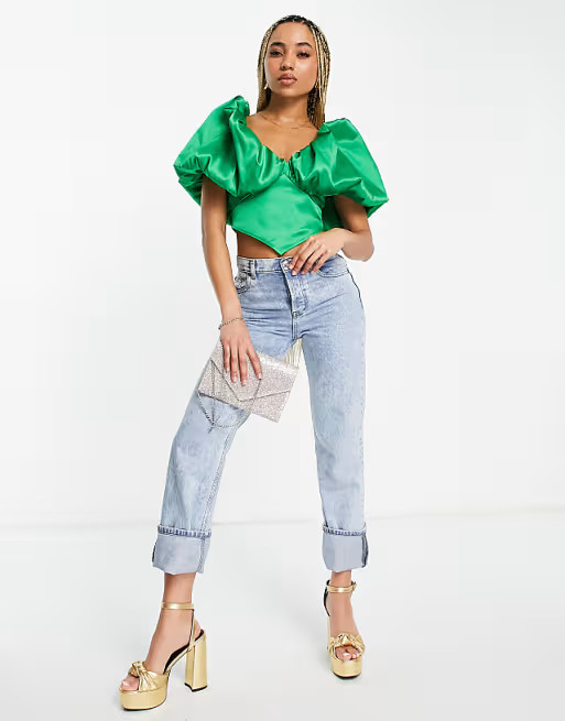 ASOS LUXE satin bubble bardot top in bright green | ASOS (Global)