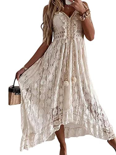 CUPSHE Women's Summer Dresses Sleeveless Lace Casual Tassel Beach Spaghetti Straps Flowy Maxi Sun Dress Beige, S | Amazon (US)