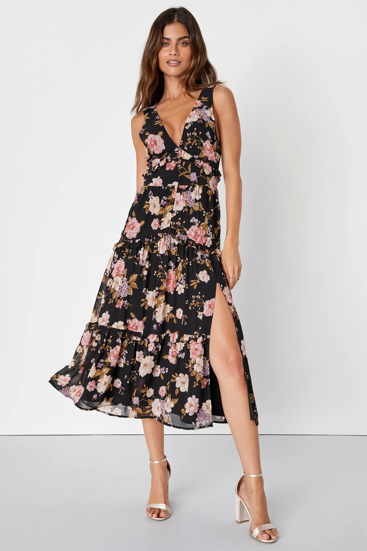 Confidently Sweet Black Floral Ruffled Backless Midi Dress | Lulus