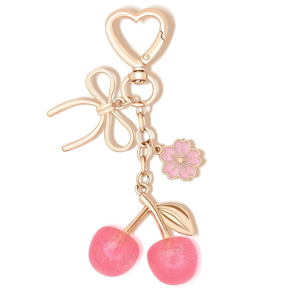 Glitter Cherry Keychain Bag Charms for Handbag, Cute Cherry Key Chain Gold Bow Keychain Gifts for... | Amazon (US)