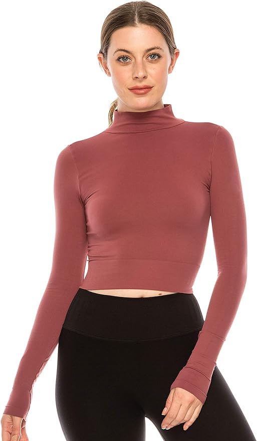 Kurve Women's Basic Crop Top – Mock Neck Long Sleeve Ribbed Stretch Slim Fitted Turtleneck Crop... | Amazon (US)