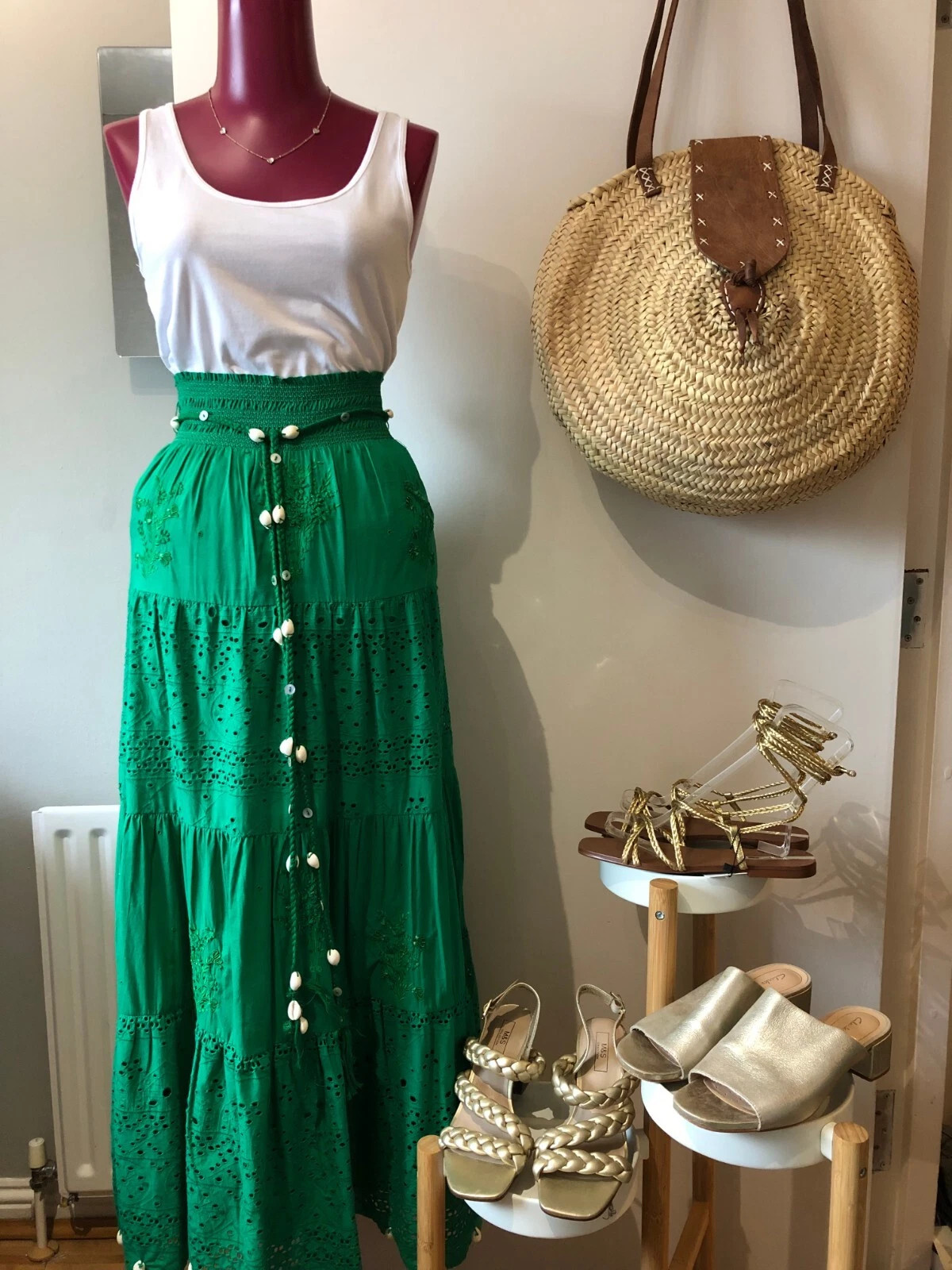 Zara £59.99 Green Broderie Anglaise Midi Maxi Skirt Seashell Applique XS 10-12 | eBay AU