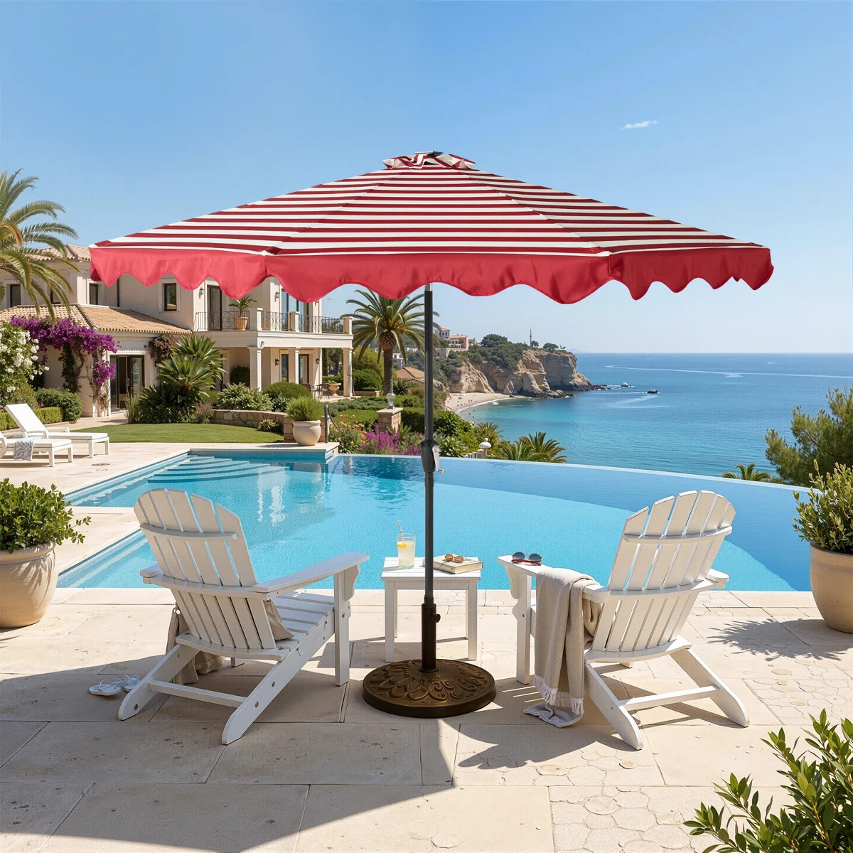 LED Patio Umbrella, Outdoor Striped Table Umbrella with Scalloped Edge & Solar Lights, Sun Shade ... | Wayfair North America