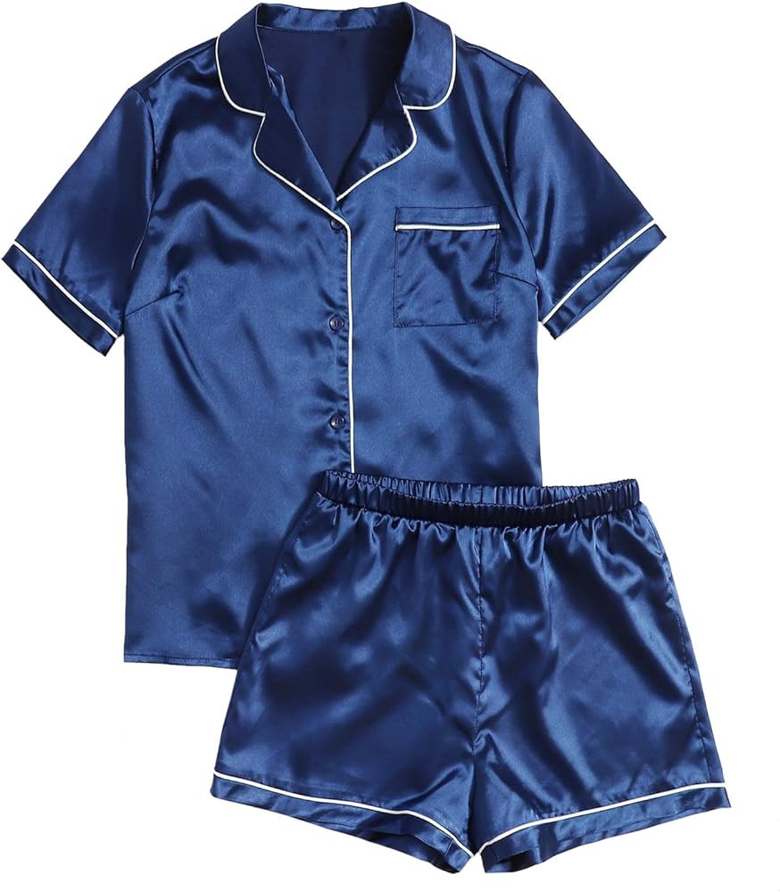 SweatyRocks Women's Short Sleeve Sleepwear Button Down Satin 2 Piece Pajama Set | Amazon (US)