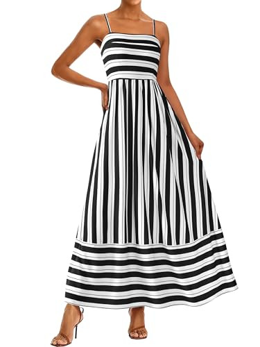 PRETTYGARDEN Women Summer Maxi Dresses 2026 Spaghetti Strap Boho Floral Striped Wedding Guest Beach Vacation Flowy Long Dress(Striped White Black,Medium) | Amazon (US)
