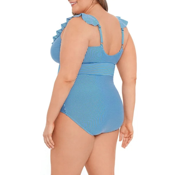 Time and Tru Women’s Plus Blue Earth Seersucker Stripe One Piece Swimsuit | Walmart (US)
