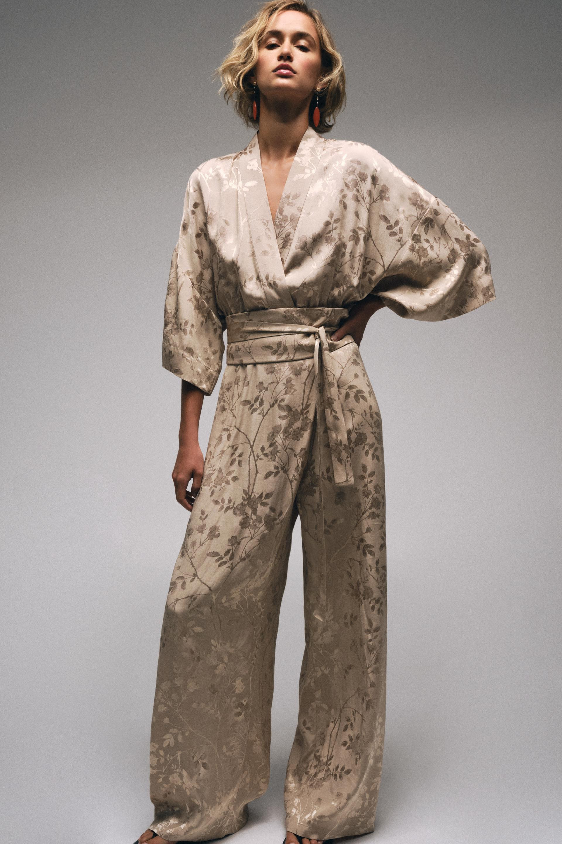 Zara - Jacquard Kimono Jumpsuit With Belt - Cava - L - Woman | Zara UK