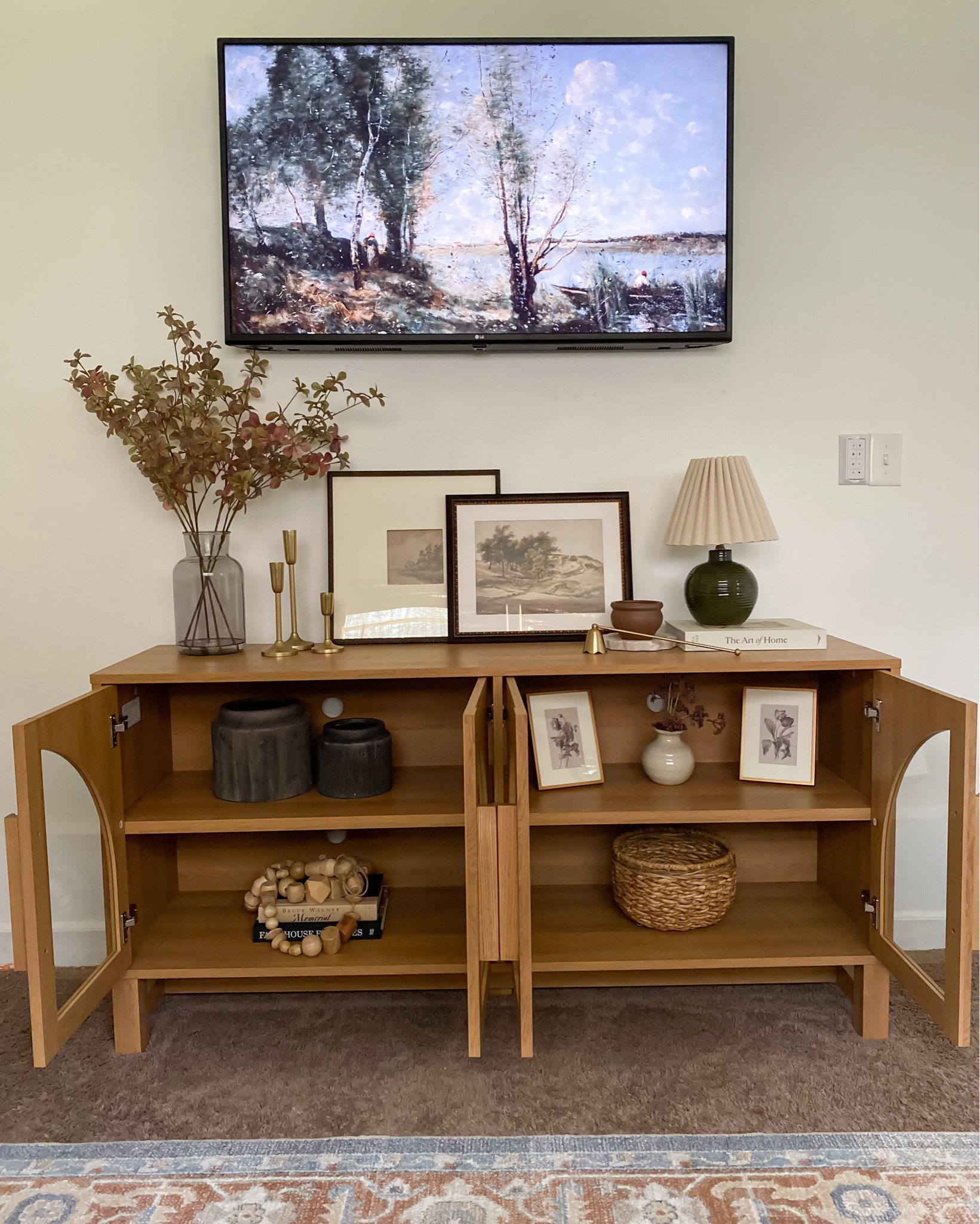 Tv console styling idea 🍂 fall home decor, mini lamp, fall art, fall arrangement, glass vase, Alexander planter, seagrass bowl, fall candle, candle snuffer, marble tray, coffee table book

#LTKStyleTip #LTKHome #LTKSeasonal