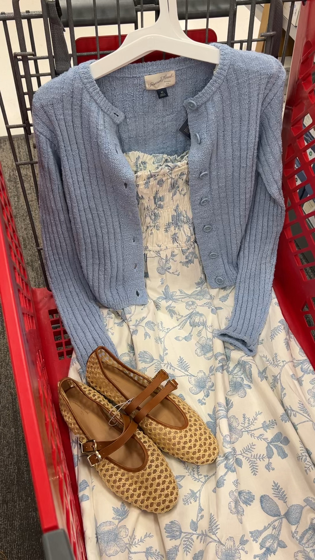 Target spring outfit idea with this beautiful smocked dress (comes in two colorways, love the blue and white!). Cardigan if it’s chilly. Wear to work, church, Mother’s Day, shower parties, brunch, date night, so versatile! #targetstyle 