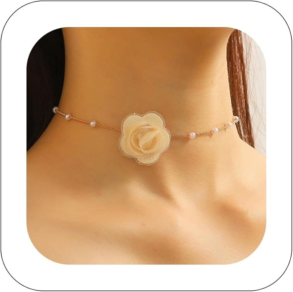 Bohemian Lace Flower Choker Necklace Short Delicate Pearl Rose Pendant Necklace Dainty Floral Col... | Amazon (US)