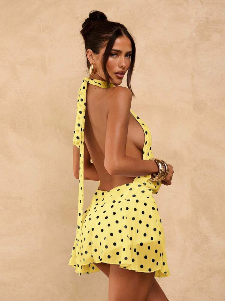 SHEIN BAE Brown Polka Dot Backless Halter Mini Asymmetric Hem Sexy Bodycon Dress, Suitable For Music Festivals, Vacation | SHEIN
