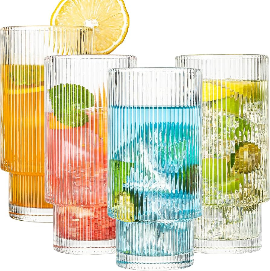 Drinking Glasses, 16oz Origami Style Glass Cups with straw, 4 pcs Highball Glasses, Elegant Rippl... | Amazon (US)