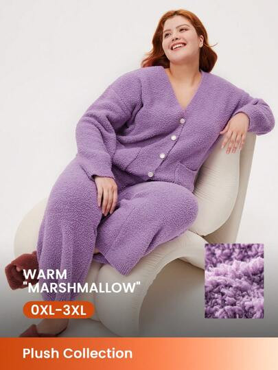 LUVLETTE Plus Winter Fuzzy Fleece Button-Up & Pants Loungewear Pajama Set SKU: si2409029965715975... | SHEIN