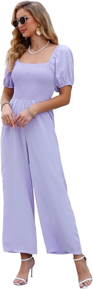Love Welove Fashion Jumpsuits for Women Dressy Short Sleeve Smocked High Waist Wide Leg Pants Loo... | Amazon (US)