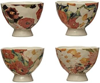 Creative Co-Op Stoneware Footed Floral Image, Set of 4 Bowl Set, 5" L x 5" W x 4" H, Multicolor | Amazon (US)
