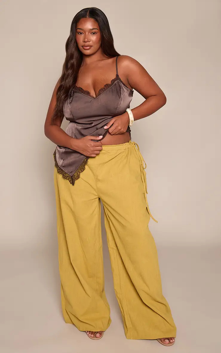Olive Premium Linen Side Tie Detail Wide Leg Trousers | PrettyLittleThing USA | PrettyLittleThing US