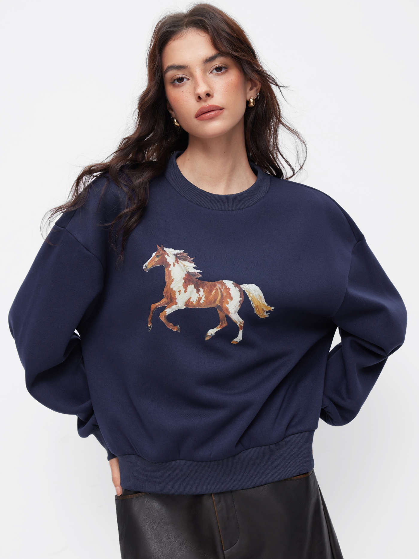 Cotton-blend Horse Graphic Round Neckline Oversized Sweatshirt | Cider