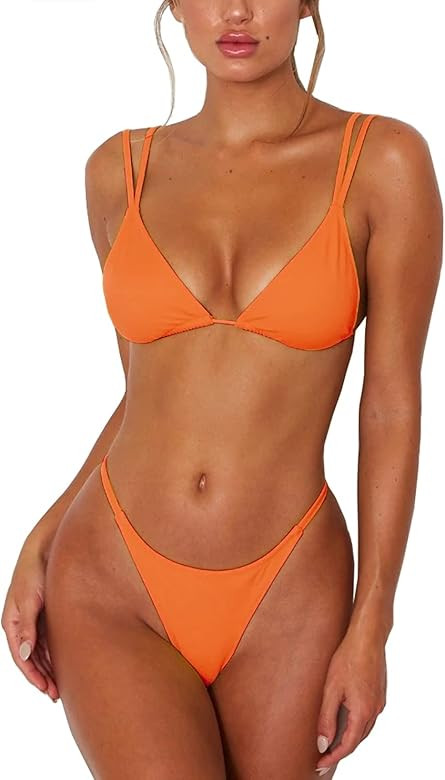 Women's Sexy Thong Bottom Two Piece Bikini Double Shoulder Straps Cute Swimsuit Triangle Bathing | Amazon (US)