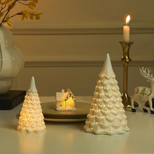 Light Up Ceramic Christmas Tree, 2 Pack Lighted Porcelain Christmas Tree with Dots Cutouts, Matte White Small Xmas Tree Table Centerpiece Xmas Tree Figurines for Tabletop Decor | Amazon (US)