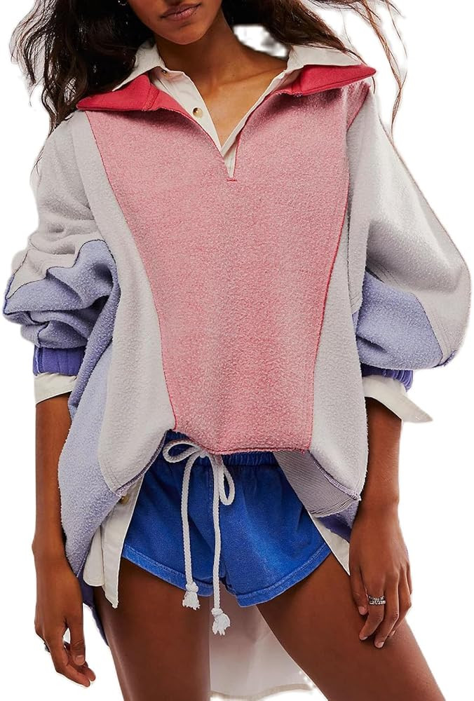 Yuemengxuan Women Fleece Sweatshirts Long Sleeve Colorblock Cropped Oversized Sweatshirt Y2k V-Ne... | Amazon (US)
