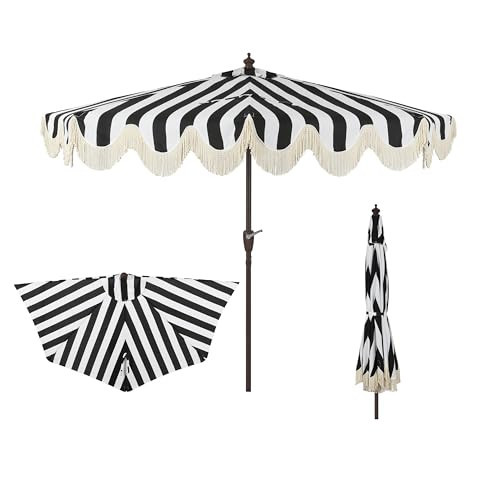 JONATHAN Y Half Umbrella UMB1201A Beverly 9 ft. Designer Classic Scalloped Fringe Market Patio with Crank, Push Button Tilt and UV Protection in Black/White | Amazon (US)
