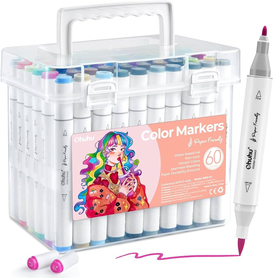 Amazon.com: Ohuhu Markers Paper-friendly No Peeling Water-based Coloring Markers 60 Colors Dual B... | Amazon (US)