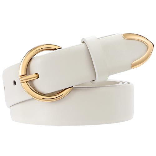 XZQTIVE Women’s Leather Belts for Jeans Pants Dresses Fashion Ladies Beige Belt with Gold Buckle | Amazon (US)