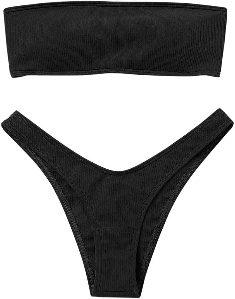ZAFUL Women Strapless Ribbed High Cut Bandeau Bikini Set | Amazon (US)