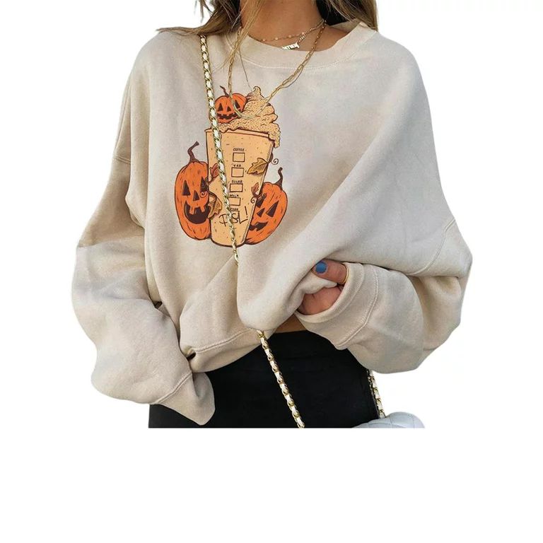 Women Halloween Sweatshirts Pumpkin Skull Print Crewneck Sweater Long Sleeve Oversized Pullover T... | Walmart (US)