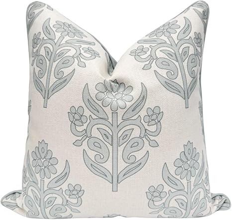 “The Naples” Floral Block Print Pillow Cover – Grey and White Blue Decorative Throw Pillow ... | Amazon (US)