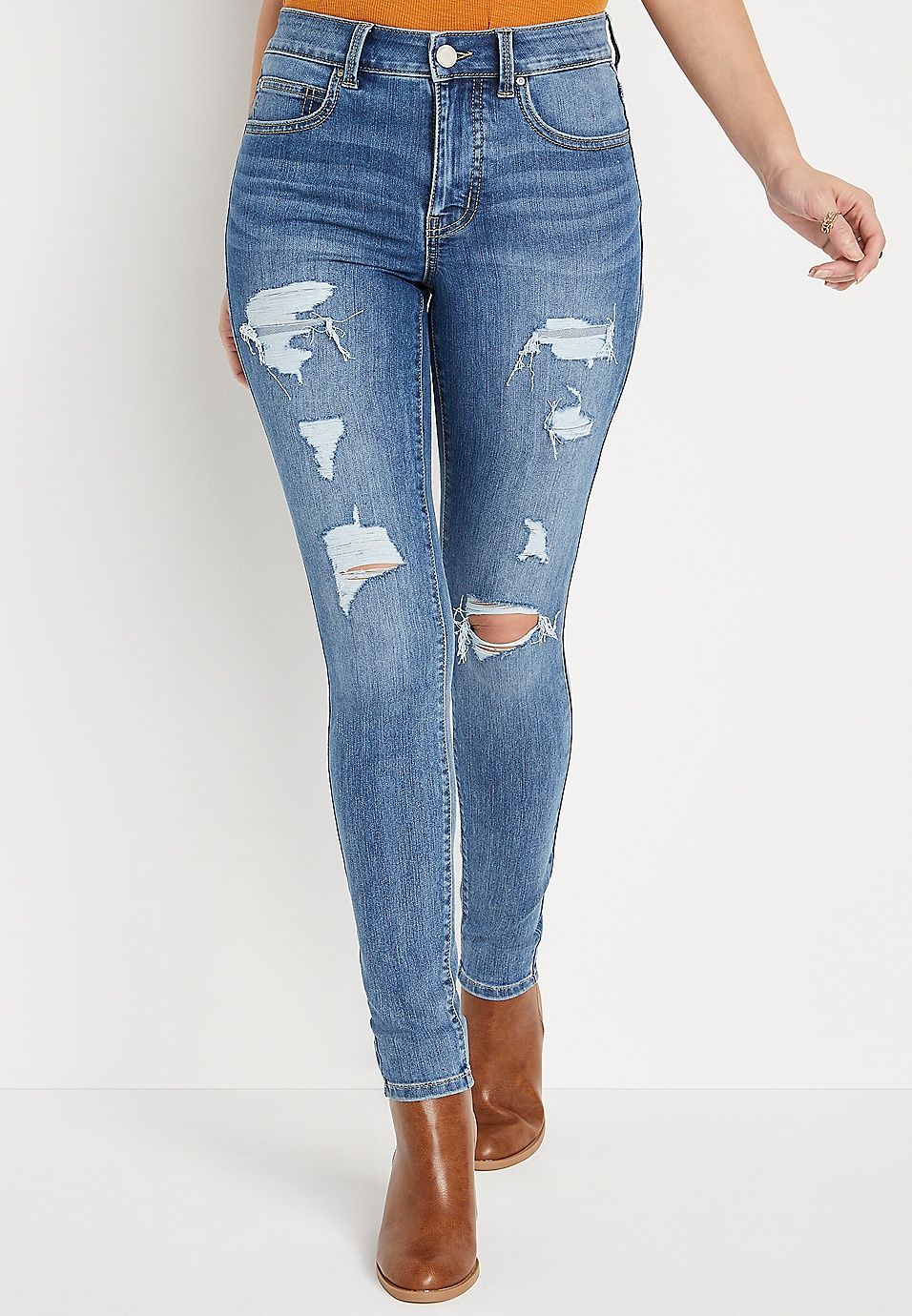 m jeans by maurices™ Everflex™ Super Skinny High Rise Ripped Jean | Maurices
