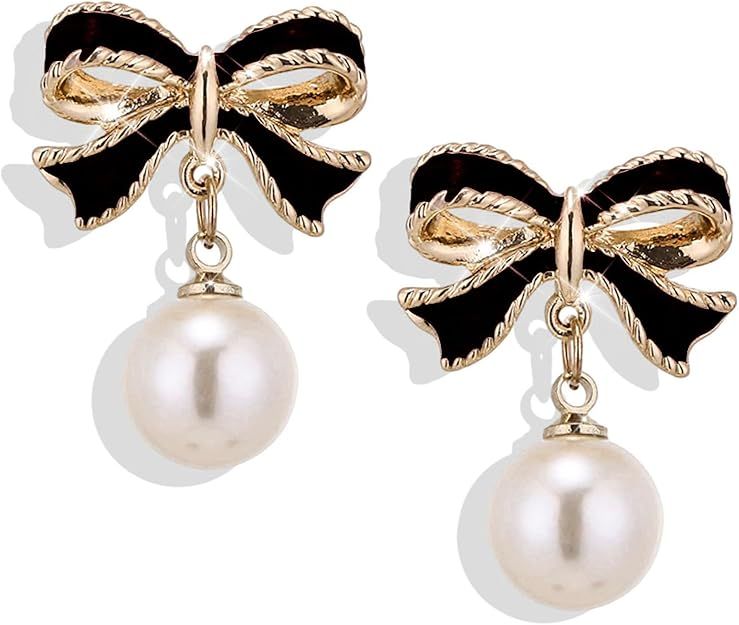 Gold Pearl Bow Earrings for Women Ribbon Dangle Drop Stud Earrings Silver Dainty Faux Pearl Earri... | Amazon (US)