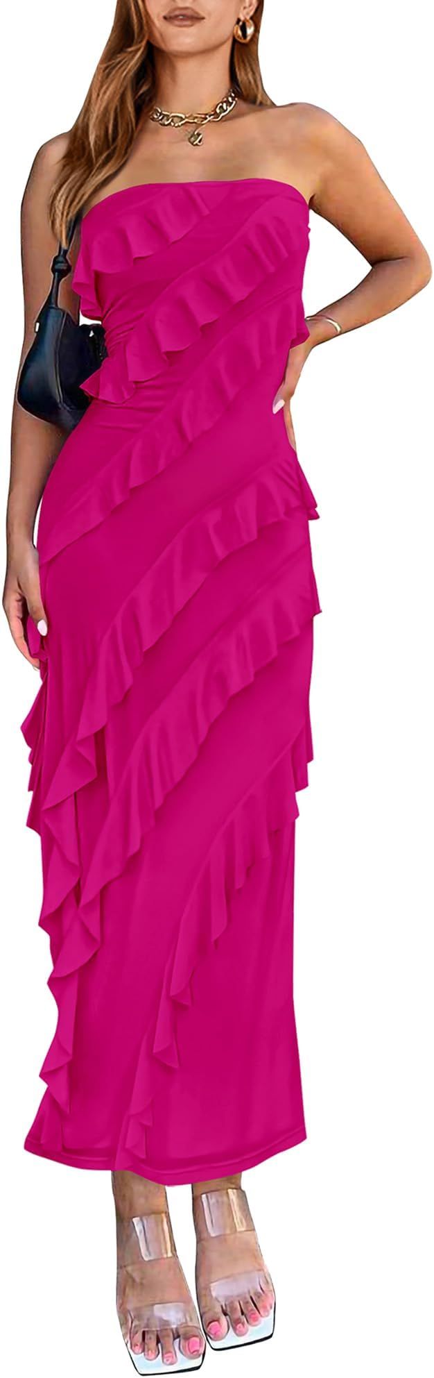 BTFBM Women Summer Elegant Strapless Midi Ruched Bodycon Dress Solid Color Stretch Mesh Slim Part... | Amazon (US)