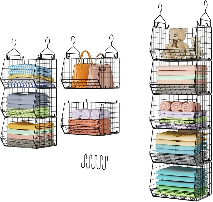 5 Tier Closet Hanging Organizer, Clothes Hanging Shelves with 4 Hanging Hooks 5 S Hooks, Wire Sto... | Amazon (US)