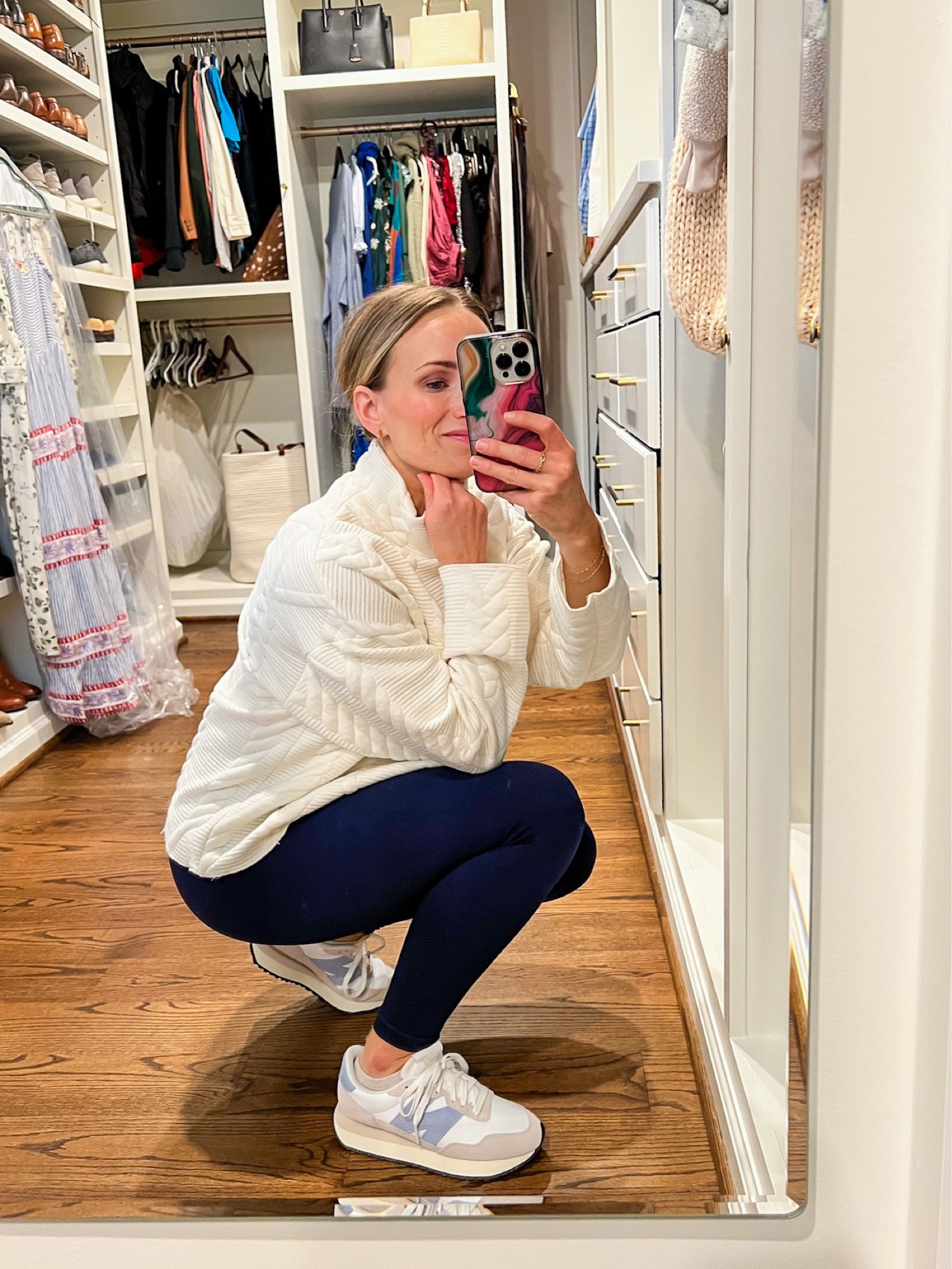 Ribbed SPANX leggings (on sale for $60) in an XS, Zara Quilted Sweatshirt (size S), and New Balance 237 Shoes in the white/grey/blue color way. Linking a similar sweatshirt since Zara isn’t on LTK.  #athleisure #casual 

#LTKSeasonal #LTKFind #LTKSale