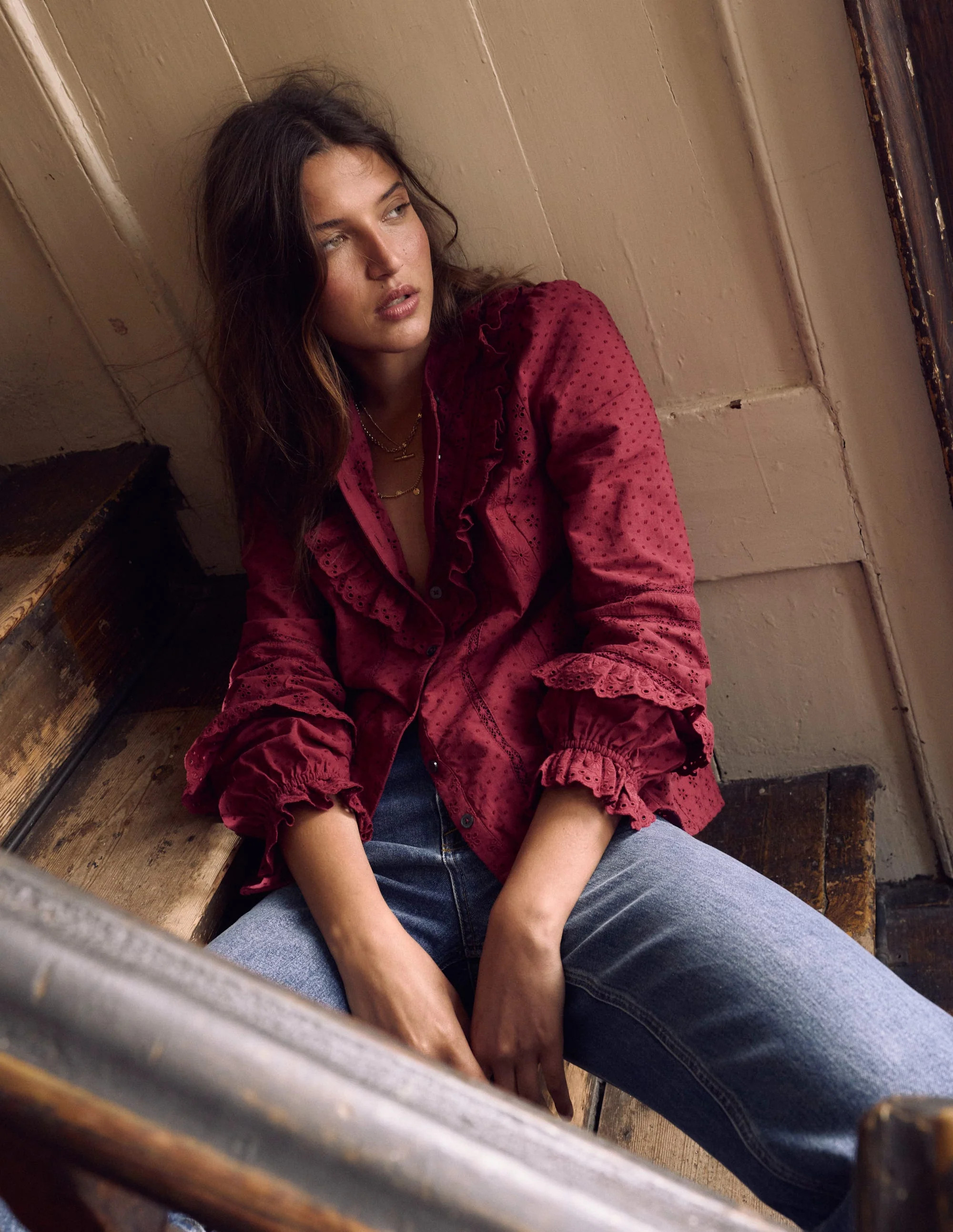 Broderie Ruffle Top-Ruby Red | Boden (US)