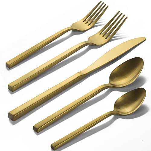 Alata Cube Gold 20-Piece Flatware Set, Forged Cutlery Set, Matte Gold Silverware Service for 4, Stainless Steel Tableware with Square Handle for Home/Restaurant, Dishwasher Safe | Amazon (US)