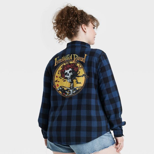 Women's Grateful Dead Long Sleeve Checkered Graphic Button-Down Shirt Flannel - Navy Blue | Target