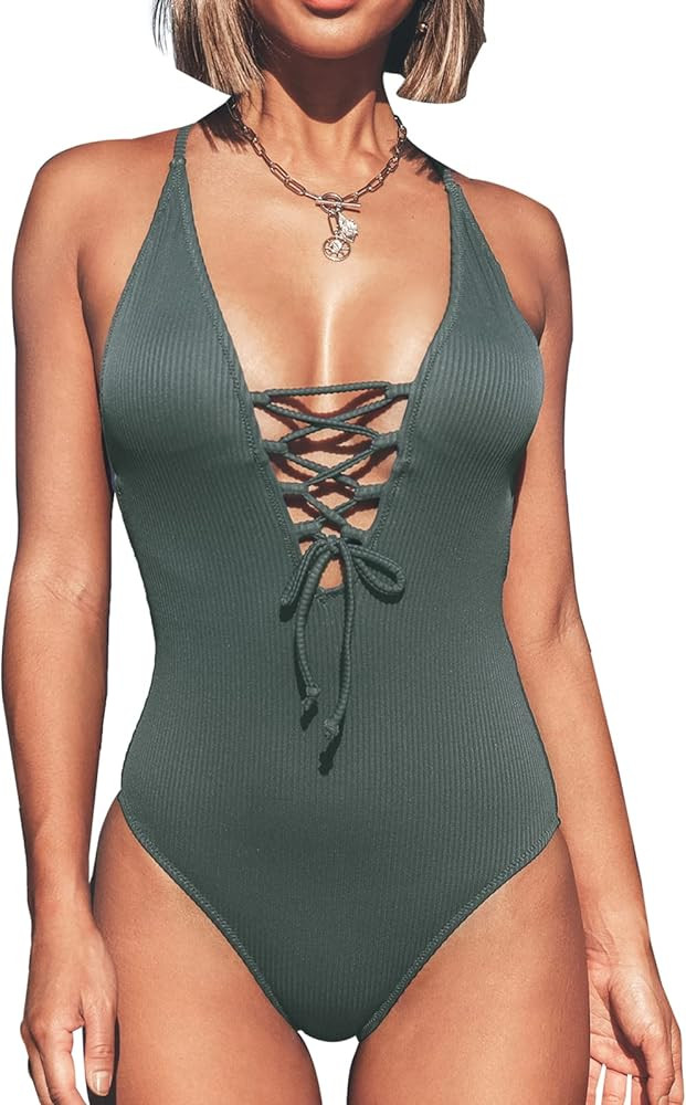CUPSHE Women's Solid Color V Neck Lace Up One Piece Swimsuit | Amazon (US)